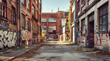 A gritty alleyway in an industrial neighborhood covered in graffiti