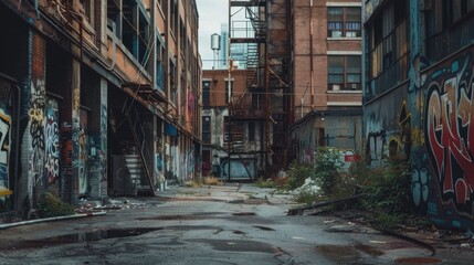 Fototapeta premium Graffiti-covered alleyway in a gritty industrial neighborhood