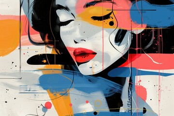 Painting of attractive woman surrounded by bold lines and splashes of reds, blues, whites, black, and pinks, yellows, creating a dynamic contrast that captures attention.