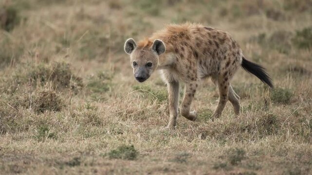 A spotted hyena walks along the African Savannah.