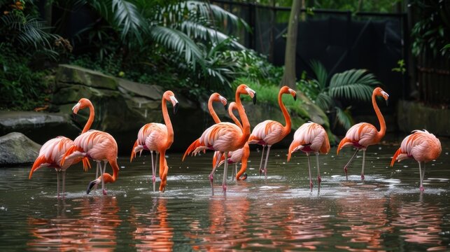 A group of flamingos wading in a tropical pond during the day