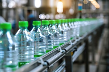 A row of clear plastic water bottles with green caps on a production line in a factory with a blurred background.