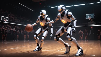 Fototapeta premium basketball robot player. robot wearing a jersey playing basketball. robot model basketball athlete.