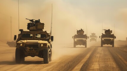 Fototapeta premium Military vehicles driving on a dusty road in a desert environment