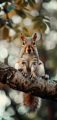 Close-up of a squirrel sitting on a tree branch with a natural, blurred background in a forest setting.
