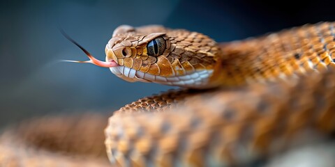 Close-up of a venomous snake with its tongue out, showcasing its scales and piercing eyes, set against a blurred background.
