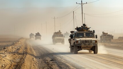 Military vehicles driving on a dusty road in a desert landscape