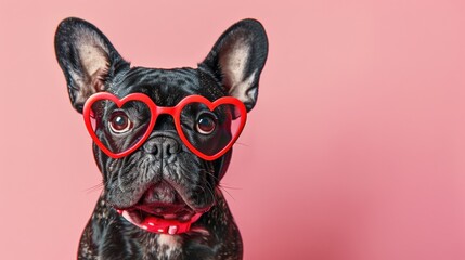 A black and white dog wearing red sunglasses with a heart on the lenses