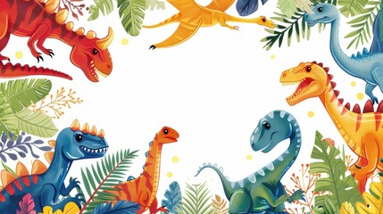 A group of dinosaur toys are scattered around a white background