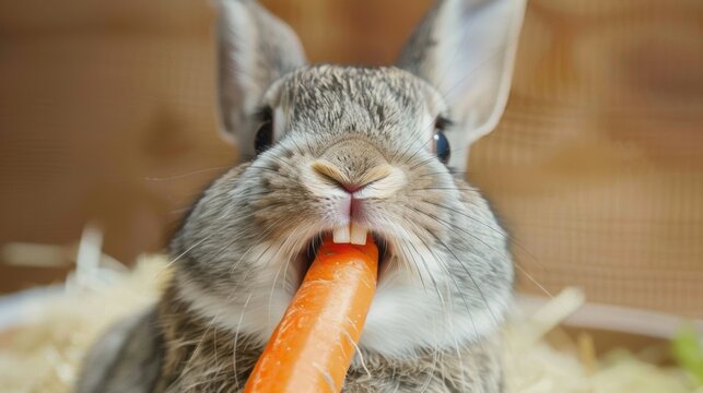 A happy rabbit enjoying a crunchy carrot snack in its cage
