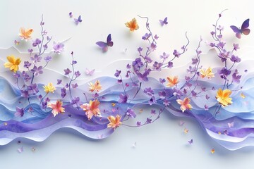 A mountain range with a butterfly flying over a field of flowers