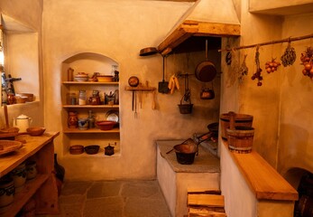 A rustic kitchen interior with wooden shelves and clay pots