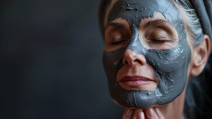 A middle-aged woman applying a clay mask in a studio, showcasing the rejuvenating effect of skincare treatments