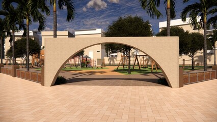 Public playground entrance with middle east theme in local area among housing building