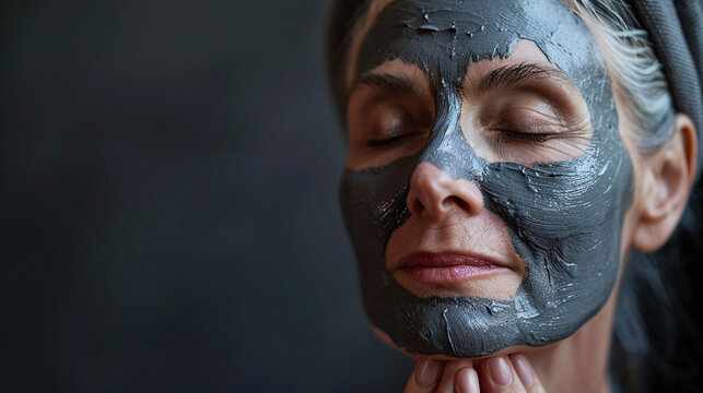 A middle-aged woman applying a clay mask in a studio, showcasing the rejuvenating effect of skincare treatments