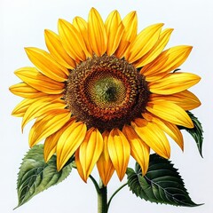 Fototapeta premium Bright Yellow Sunflower with Green Leaves.