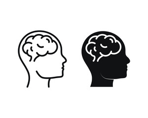 Human head with brain outline and solid silhouette icons