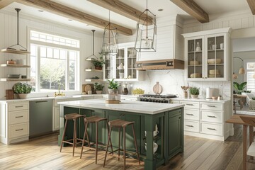 Fototapeta premium Capture the charm of modern farmhouse living with a kitchen adorned with an island and stools, surrounded by farmhouse green and white cabinets.