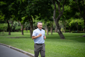 Senior fitness, exercise and Asian man stretching outdoor at park for health and wellness in retirement. Portrait, face and smile of male in nature background.