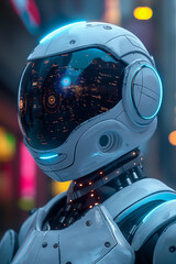 Fototapeta premium A robot with a white helmet and blue and silver accents