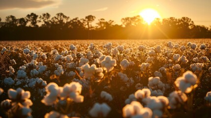 Obraz premium Cotton field at sunset with blooming cotton plants