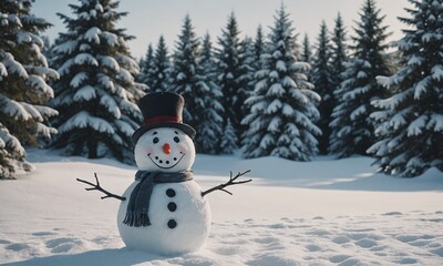 Obraz premium Snowman in Joyful Winter Wonderland with Snow-Covered Trees Background