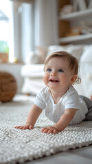 Fototapeta premium Cute baby crawling on the floor at home 