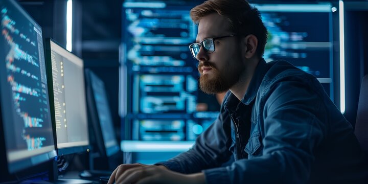 A man is sitting in front of a computer with a beard and glasses. He is typing on the keyboard