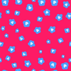 Blue shapes with hearts on pink background, abstract seamless pattern, vector illustration.