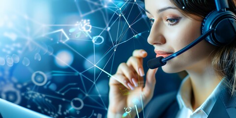 A woman wearing a headset is talking on a phone. The background is a computer screen with a lot of lines and shapes