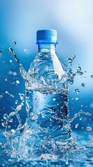 Bottle of mineral water with splash and drops on blue background