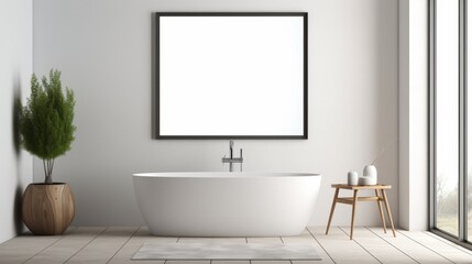 Modern Bathroom Interior with White Tub and a Large Frame