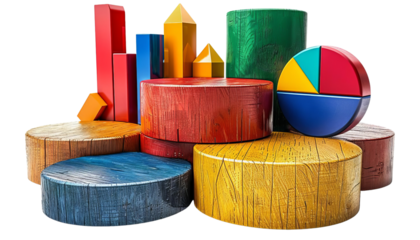 Colorful 3D wooden geometric shapes and pie charts, illustrating data visualization and business analytics concepts.