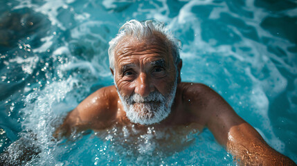A retired senior man with a large beard and grey hair relaxing at a beach during a weekend vacation