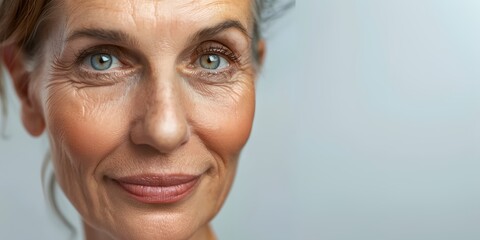 A woman with a smile on her face and a blue eye. She has a lot of makeup on her face