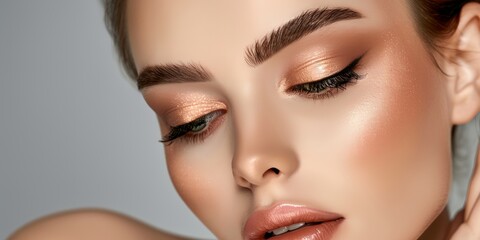 Naklejka premium A woman with light brown hair and brown eyes is wearing makeup. She has a light pink lip color and her eyes are framed by her lashes. Concept of beauty and confidence