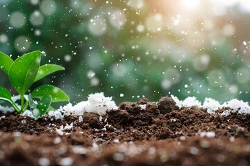 Young Plant Sprouting in Snowy Soil Under Sunlight