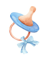 Watercolor blue Pacifier for Newborn. Children's toys isolated on white background. Illustration for children's room and packaging design
