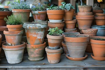 Collection of Various Terracotta Pots with Succulents and Herbs