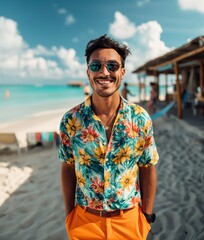 Smiling Man in Floral Shirt at Beach, Summer Fashion, Sunglasses, Relaxed Vibes