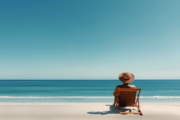 Relaxed Person in Straw Hat Enjoying Peaceful Beach View on a Sunny Day, Sitting on a Deck Chair Facing the Tranquil Ocean