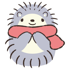 マフラーを巻いた手描きのハリネズミのイラスト