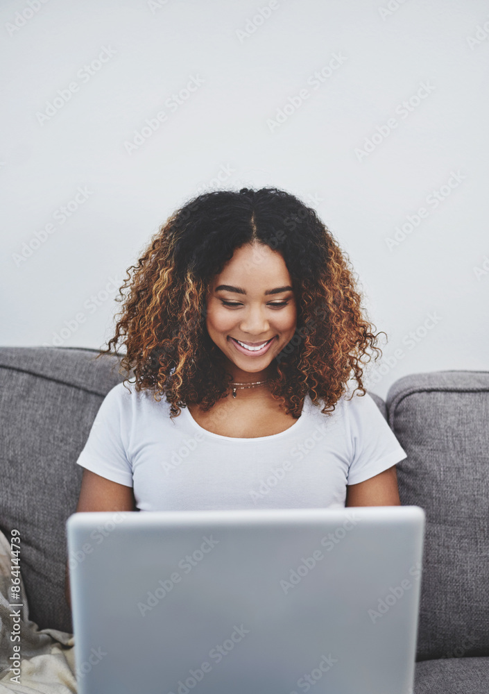 Poster sofa, laptop and happy black woman networking for online research, freelance project and smile in ho