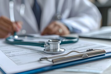 Doctor Reviewing Medical Records with Stethoscope and Clipboard