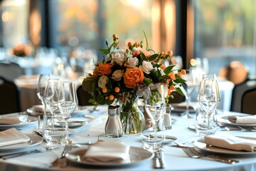 Fototapeta premium Elegant Table Setting with Floral Centerpiece at a Formal Event
