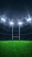 Modern sport stadium at night and rugby field with goalpost ready for the match. Sports background as 3D illustration in vertical format for social media advertising. © LeArchitecto