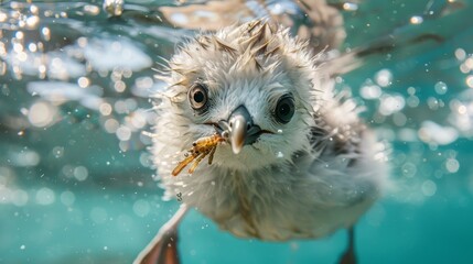 A cute baby seagull is swimming underwater and looking at the camera.