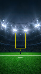  Modern sport stadium at night and american football field with yellow goalpost ready for the match. Sports background as 3D illustration in vertical format for social media advertising.