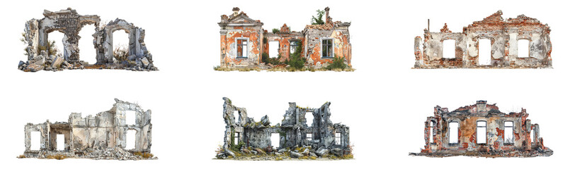 Naklejka premium Six ruined buildings, cut out - stock png.