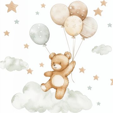 Naklejki Teddy bear flies with hot air balloons illustration. Watercolor hand drawn poster with white isolated background. Baby shower, birthday image.